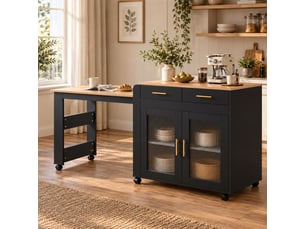 Îlot de cuisine extensible noir, table 2–4 places, rangement, prises usb-ac