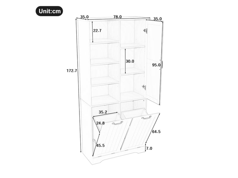 Meuble de rangement salle de bains 78 x 35 x 172,7 cm blanc mdf, 2 paniers à linge et étagères réglables - Conforama C