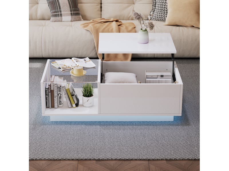  Table basse relevable 100x50x33 cm avec rangement et led, blanc brillant  - Conforama D