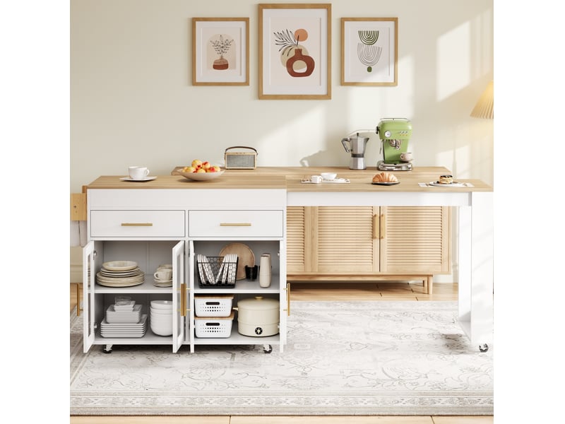  Îlot de cuisine mobile avec plan de travail extensible, chariot à roulettes, meuble de rangement blanc, 132,5-217 x 50 x 93 cm  - Conforama E