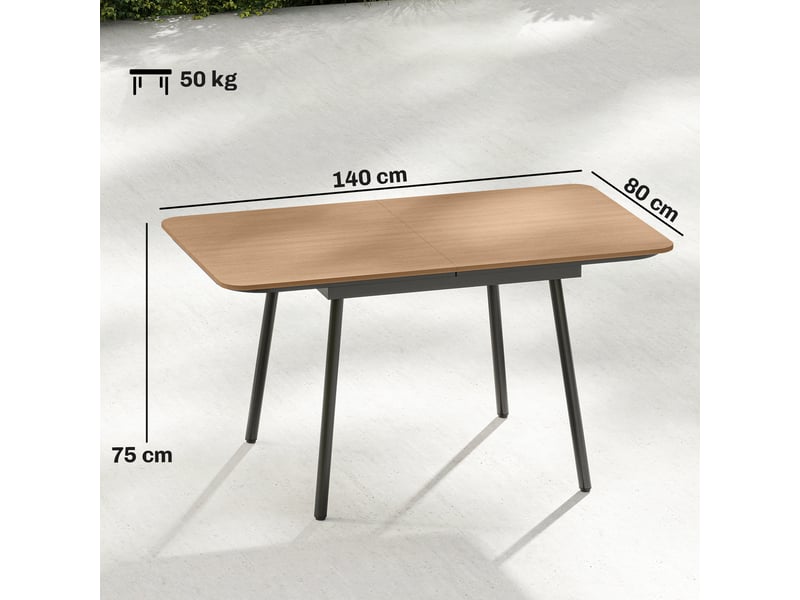 Table de jardin 140 x 80 cm pour 6 personnes, table de repas d'extérieur résistante à la rouille avec plateau en wpc, pieds réglables, teck - Conforama E