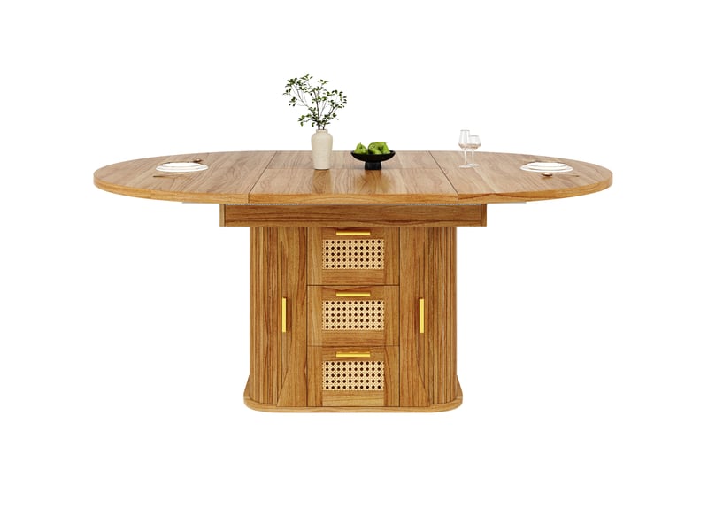  Table de salle à manger extensible 118-158x118x77,1 cm avec rangement intégré, tiroirs rotin et finition bois, mdf, marron Sol Morn - Conforama A