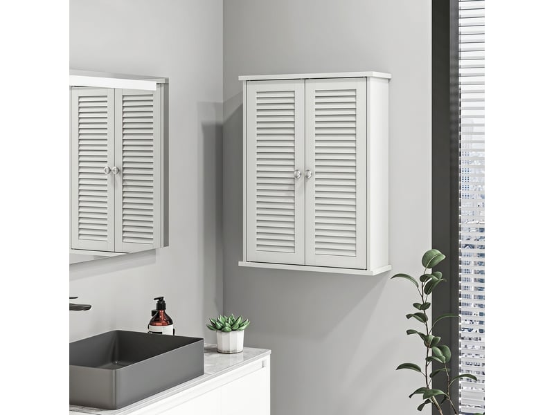  Armoire murale de salle de bain, meuble de rangement suspendu avec 2 portes persiennes et étagère réglable, blanc  - Conforama D