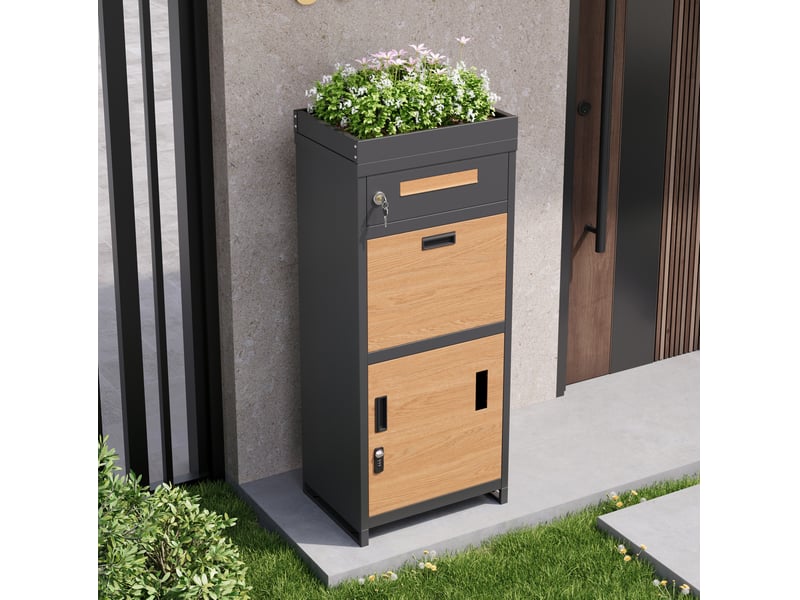  Boîte aux lettres pour colis 50x37x118,5 cm verrouillable métal gris et aspect bois  - Conforama C