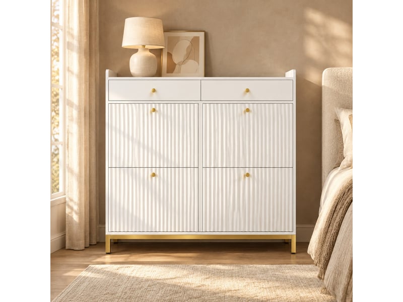 Meuble à chaussures 106,5 x 25 x 107 cm en panneaux de particules avec 4 portes abattantes et 2 tiroirs blanc chicfurn - Conforama C