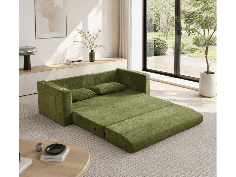 Canapé convertible 2 places pliable avec usb, poches latérales et 2 coussins en velours vert, 153 × 77 × 65 cm - Conforama C