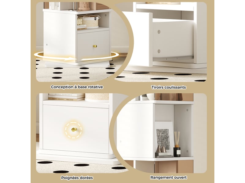 Vitrine rotative avec 1 tiroir, niches ouvertes et éclairage led pour salon en mdf et verre 50×50×160 cm blanc brun - Conforama E