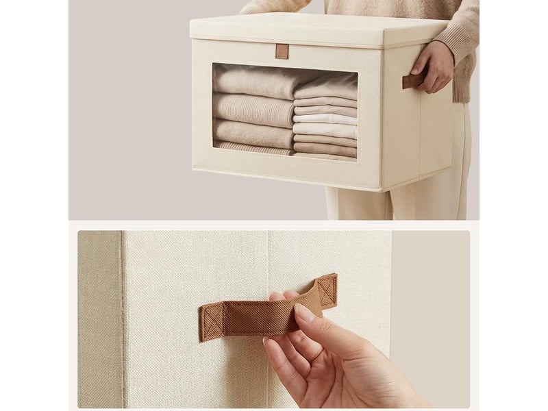  Lot de 1 bacs de rangement pliables en toile oxford beige avec fenêtre – organiseur pour vêtements et dressing  - Conforama C