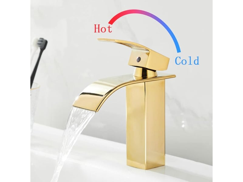  Robinet de lavabo, robinet de salle de bain monotrou moderne avec bec cascade, couleur dorée  - Conforama D