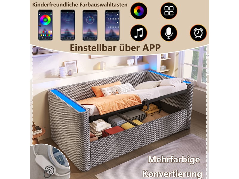  Lit de jour 90x200 en velours gris avec rangement hydraulique et éclairage led multicolore  - Conforama D
