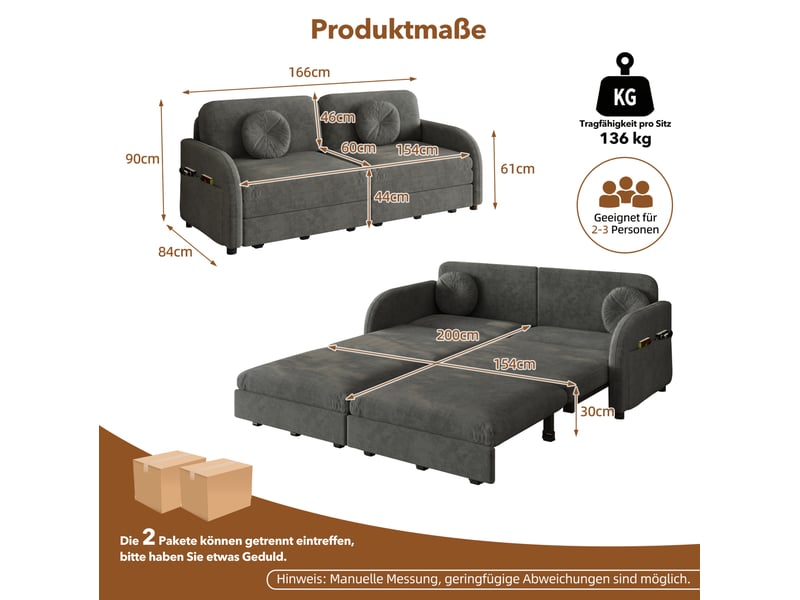  Canapé-lit 2 places 166x84x90 cm 3-en-1 avec poche latérale, pour salon, en métal, bois, mousse et tissu chenille, gris  - Conforama C