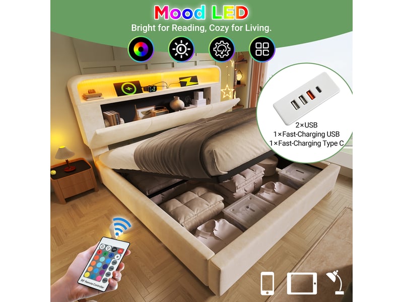 Lit double capitonné 180x200 cm,lit coffre hydraulique,tête de lit réglable avec led,ports usb et type-c,velours,beige - Conforama D