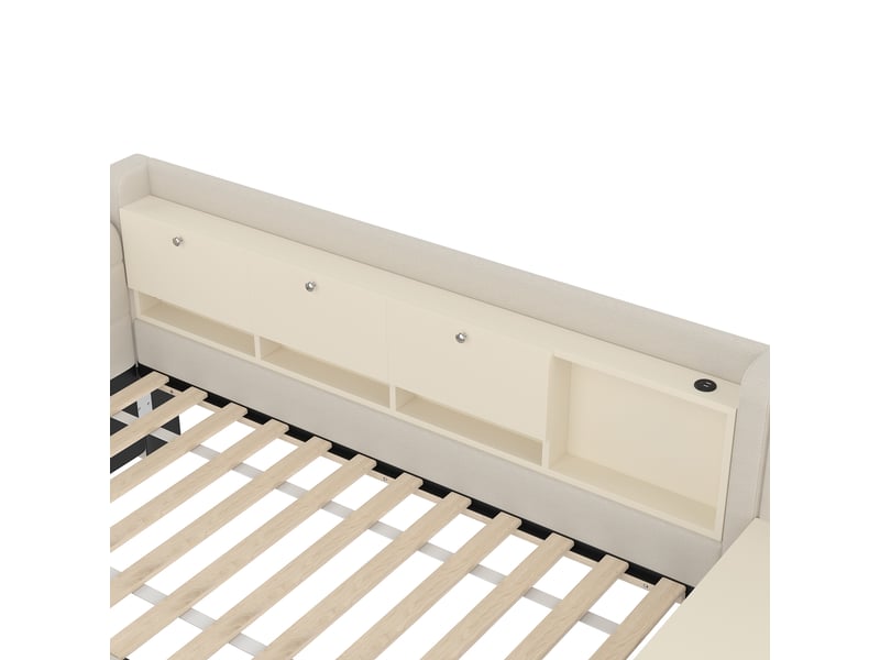  Lit de jour 90x200 canapé lit avec tiroirs et bureau intégré - lin beige, ports usbtype-c  - Conforama R