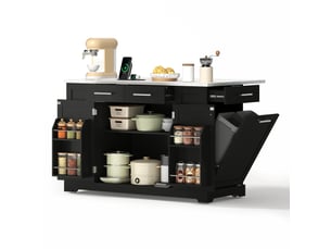Îlot de cuisine 138x86x92 cm avec plateau rabattable noir effet marbre