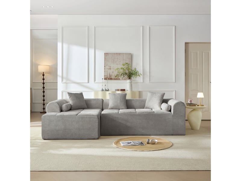 Canapé d'angle chenille gris clair 4 places 263 cm - assise ergonomique et poche latérale - Conforama W