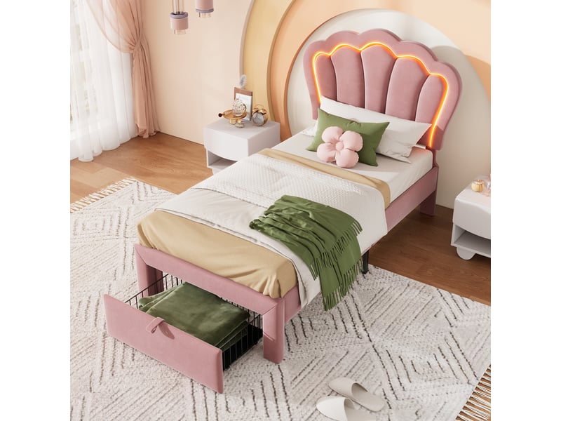  Lit enfant simple led 90x190cm avec tiroir à roulettes, structure en bois, velours, rose, sans matelas  - Conforama R