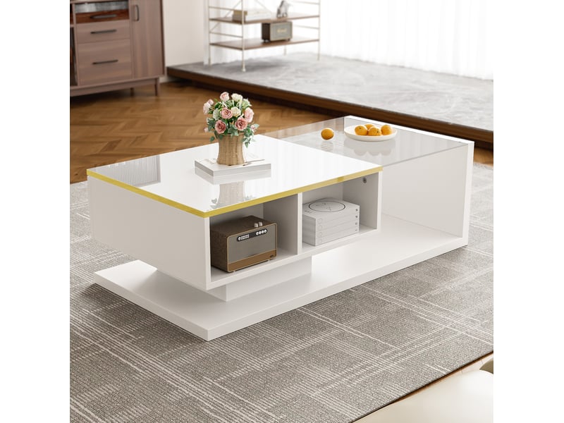  Table basse design 100x50x32,5 cm led 16 couleurs contrôlable rangement verre trempé laqué panneau de particules blanc  - Conforama W