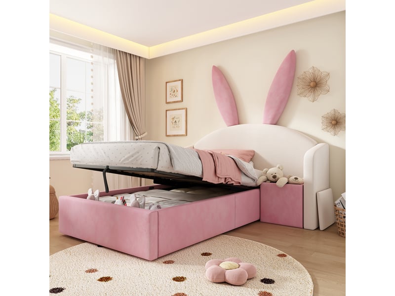  Lit enfant 90x190 cm avec rangement - lit coffre hydraulique - tête de lit oreilles de lapin - table de chevet - velours - rose  - Conforama B