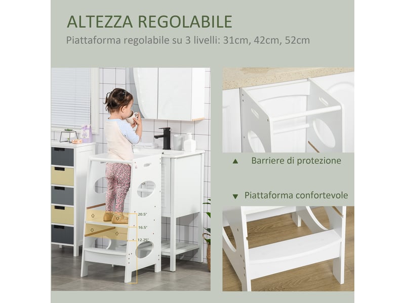  Tour montessori à hauteur réglable sur 3 niveaux, tour d'apprentissage en bois pour enfants, échelle blanche pour enfants  - Conforama E