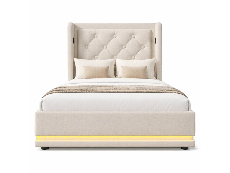  Lit coffre 90x200 cm beige en coton avec usb et type-c, tête de lit rembourrée et led sans matelas  - Conforama A