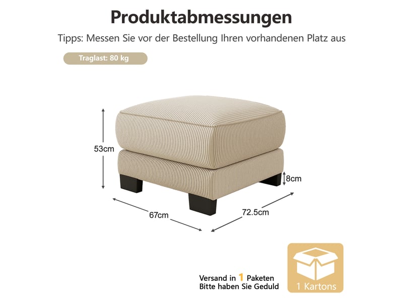  Pouf carré beige en velours côtelé avec pieds, repose-pieds confortable pour salon  - Conforama C