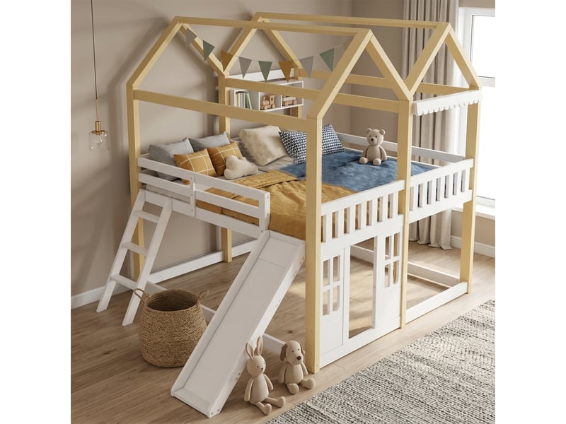  Lit mezzanine 90 x 200 cm, lit enfant surélevé, structure en forme de maison, toboggan, échelle, 1 place, structure multifonction, bois, blanc Morn Vibe - Conforama E