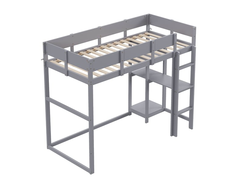  Lit mezzanine 90x200 en bois de pin massif, lit mezzanine avec étagère, avec sommier à lattes, lit pour enfant et adolescent gris  - Conforama E