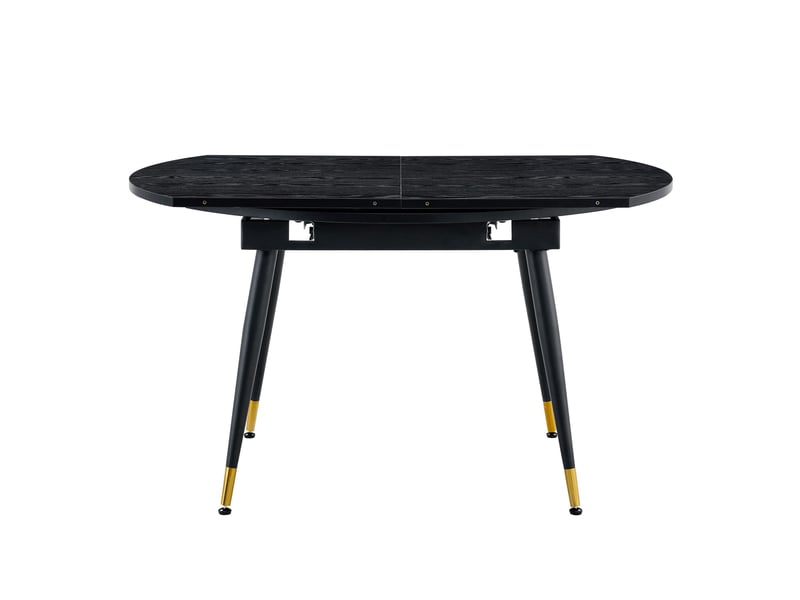 Table à manger extensible, table repas ronde à ovale, table gain de place, pieds métal dorés, mdf noir, 6 à 8 personnes - Conforama E