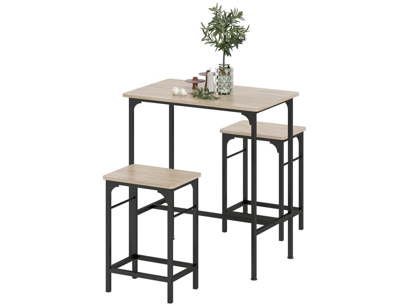  Ensemble table de bar avec 2 tabourets, cadre en acier pour cuisine, salle à manger et salon, effet bois naturel  - Conforama B