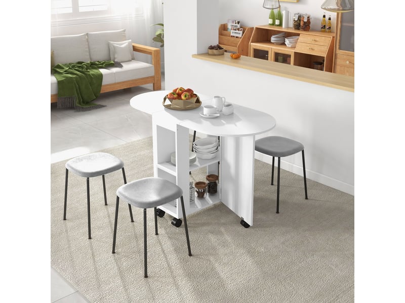  Table de salle à manger pliante à roulettes, table de cuisine avec rallonges rabattables et 2 étagères ouvertes, 120 x 60 x 77 cm, blanche  - Conforama D