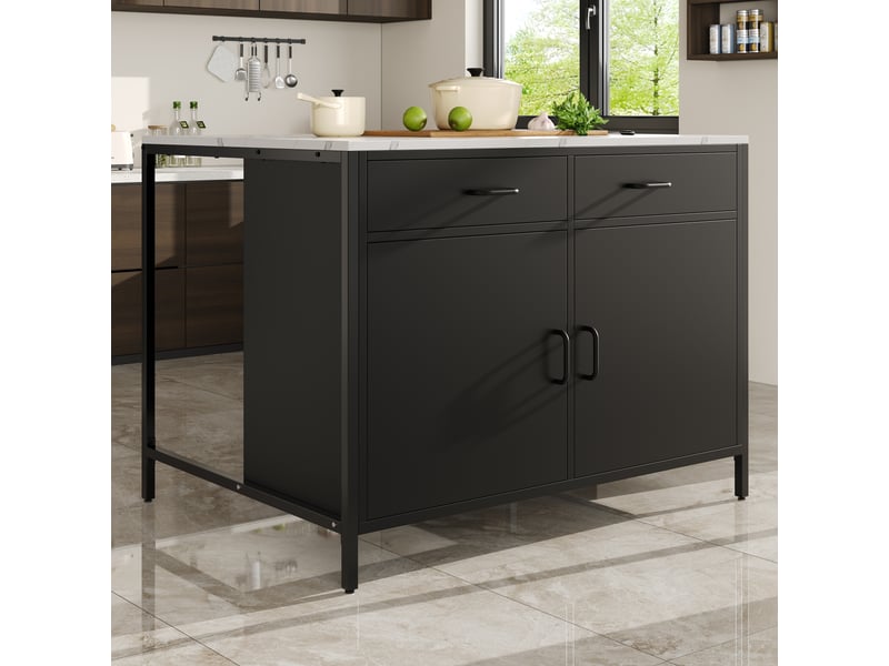  Table haute noire îlot de cuisine effet marbre, table de bar avec tiroirs et étagère, 100x90x90 cm  - Conforama D