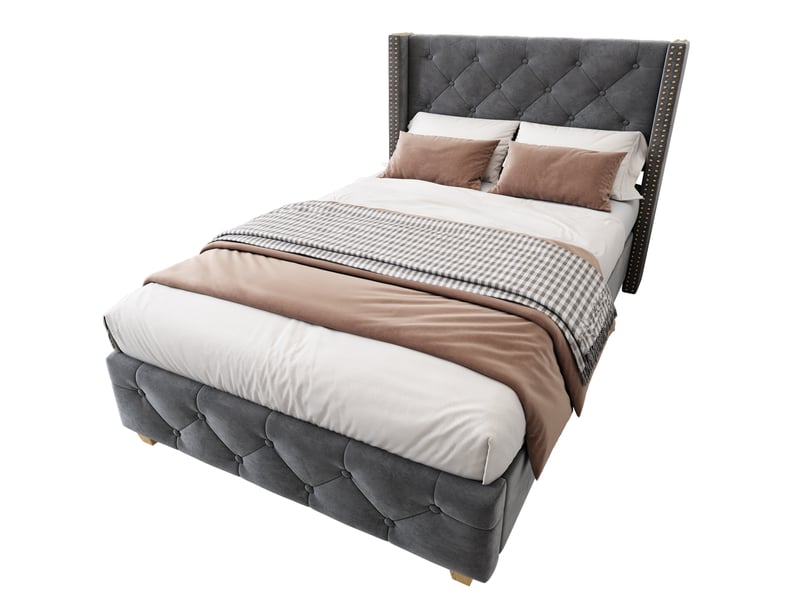  Modenvie lit 1 place capitonné 90x200 cm - velours, tête de lit à clous, sommier inclus, sans matelas - gris  - Conforama A