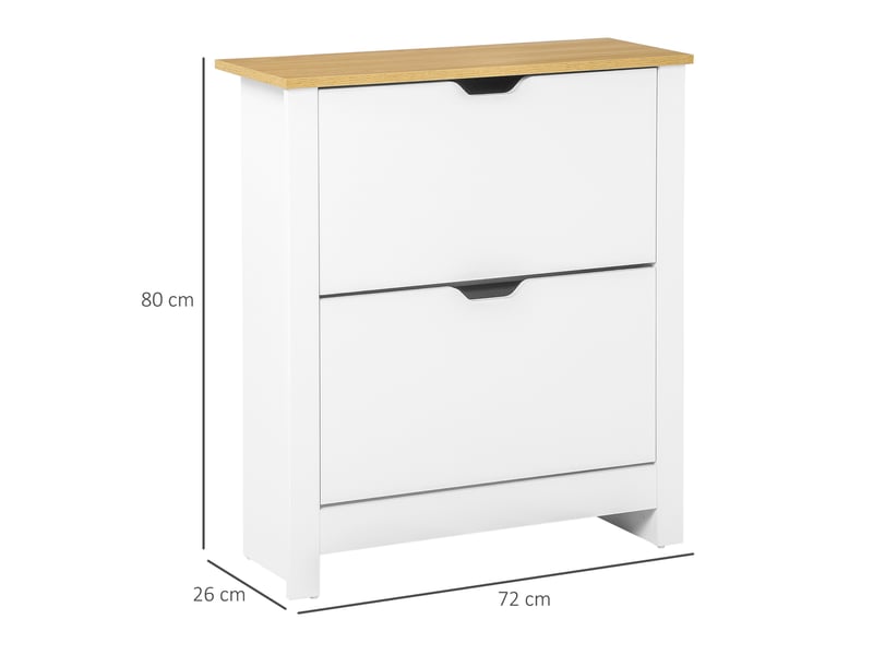  Meuble à chaussures 12 paires, armoire à chaussures étroite avec 2 tiroirs rabattables et étagères réglables, style moderne, pour couloir, entrée, blanc et bois naturel, 72 x 26 x 80 cm  - Conforama C
