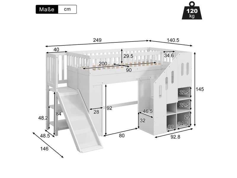  Lit superposé enfant 90x200 cm – blanc – toboggan, escalier de rangement, led mobile – sans matelas  - Conforama C