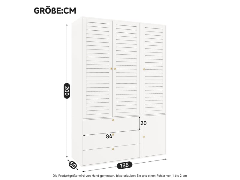  Armoire 135x50x200 cm à 3 portes à lamelles, 2 tringles, 3 tiroirs, panneau de particules blanc, chambre et dressing  - Conforama C