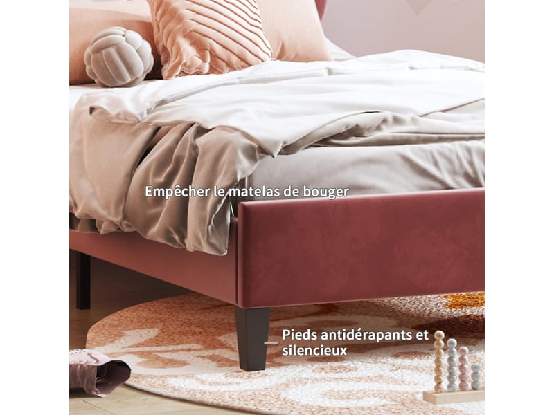  Lit enfant et lit simple 90x200 cm avec tête de lit fleur réglable et sommier à lattes, velours bordeaux, sans matelas  - Conforama R