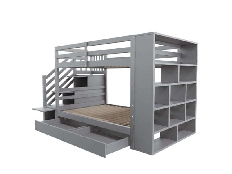  Lit superposé 90x200 cm, lit enfant avec 2 tiroirs et escalier, étagères de rangement, sommier à lattes, en bois, gris, sans matelas  - Conforama D