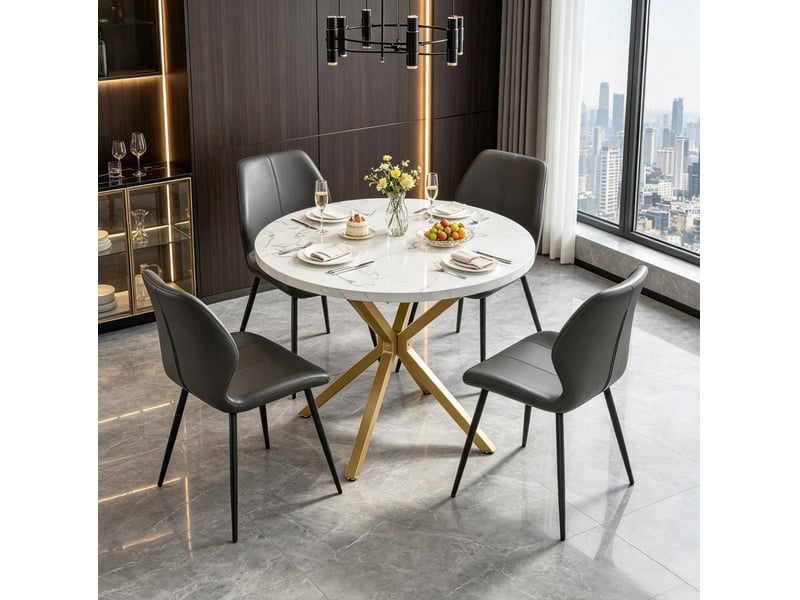  Table à manger ronde ø 100 cm pour 2 à 4 personnes, effet marbre blanc et doré  - Conforama C