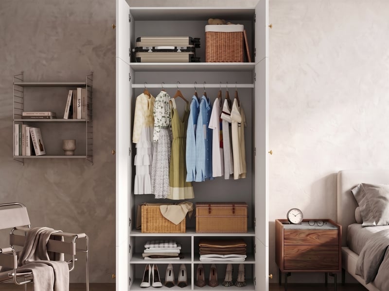  Armoire haute à portes battantes, avec 1 tringle et 5 compartiments de rangement, 90 × 50 × 200 cm, blanc  - Conforama B