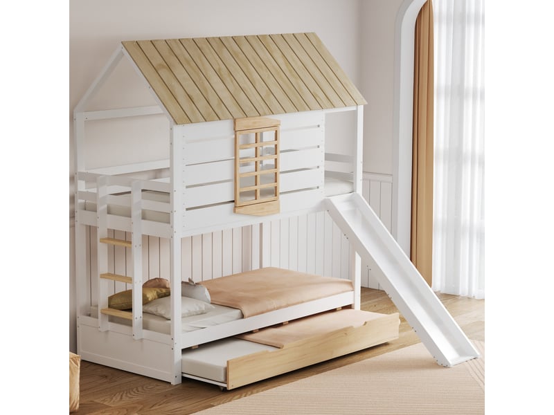Lit superposé 90x200 cm coloris blanc+naturel pin lit enfant bicolore - Conforama E