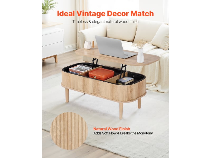  Vevor table basse relevable ovale, plateau 1000 mm, rangement 3 compartiments, mécanisme de levage métallique, bois naturel CQ-BLWB-SJZ002 - Conforama B