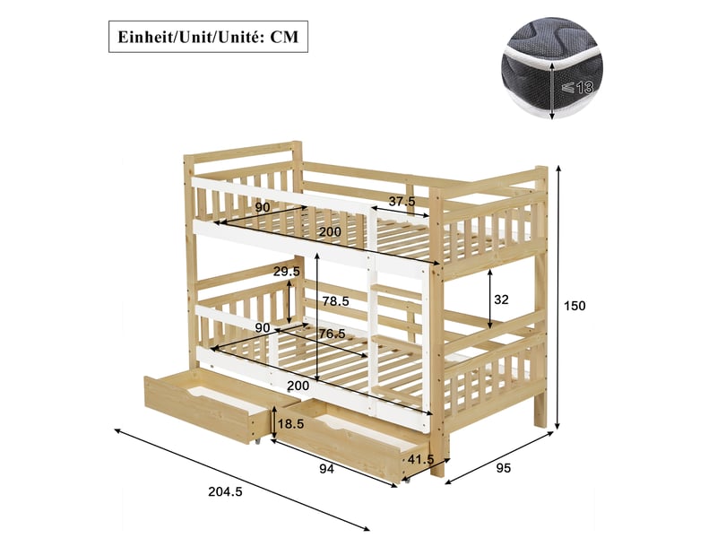  Lit superposé enfant 90x200cm séparable en 2 lits simples, échelle, garde-corps surélevé et 2 tiroirs de rangement, bois blanc et naturel evarich - Conforama C