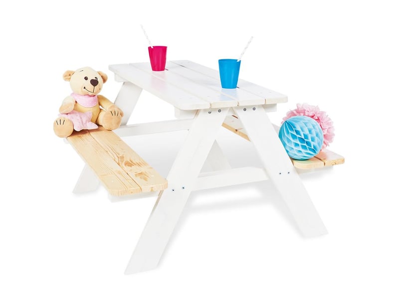  Table en bois 4 places avec bancs nicky blanc 201611 - Conforama A