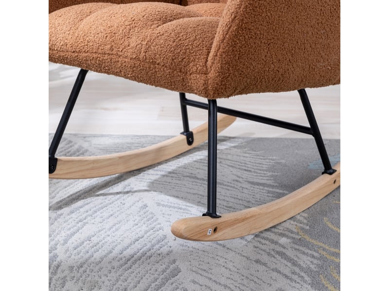  Fauteuil à bascule en tissu bouclette, chaise d'allaitement marron avec poche latérale, base en bois massif, 65x77x90 cm  - Conforama W