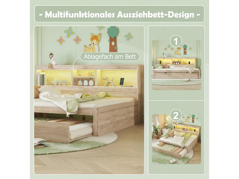  Lit banquette 140x200 avec lit gigogne 90x190, éclairage led, prises usb et rangement, bois naturel  - Conforama E