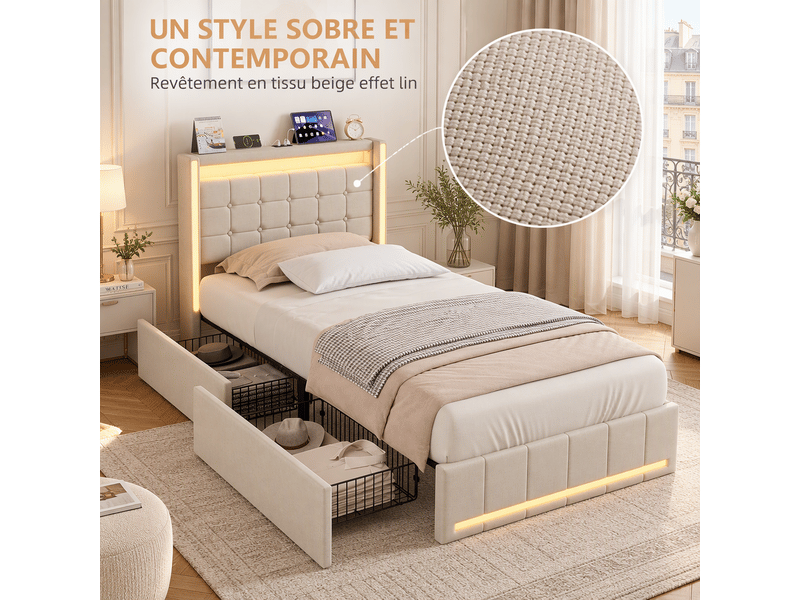  Lit simple 90 x 200 cm avec 2 tiroirs de rangement, lit enfant avec éclairage led et ports usb-c, lit 1 place avec sommier à lattes, lin beige  - Conforama W