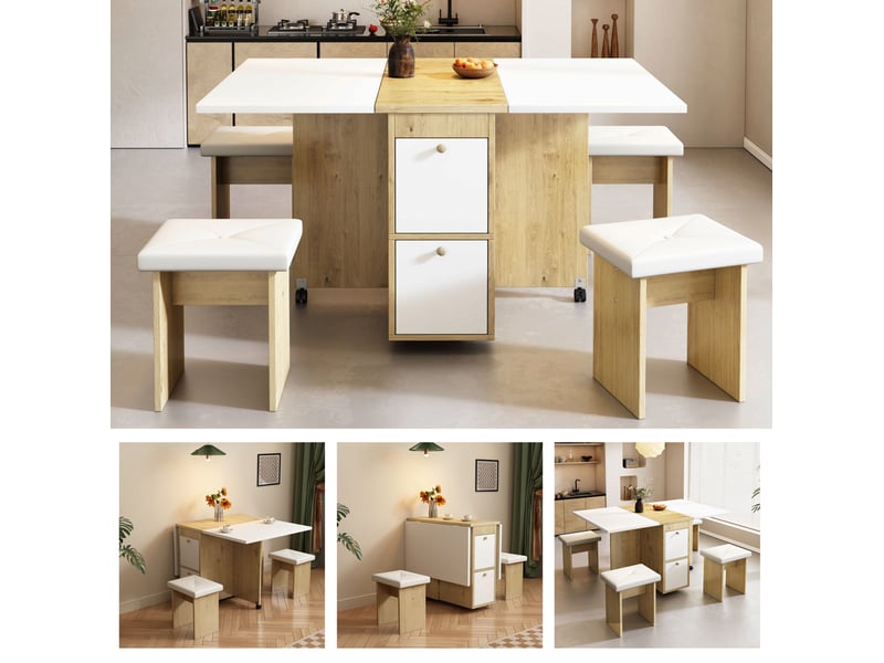  Ensemble table pliante et 4 tabourets extensible 120 × 80 × 75 cm blanc et bois clair pour repas flexibles  - Conforama E