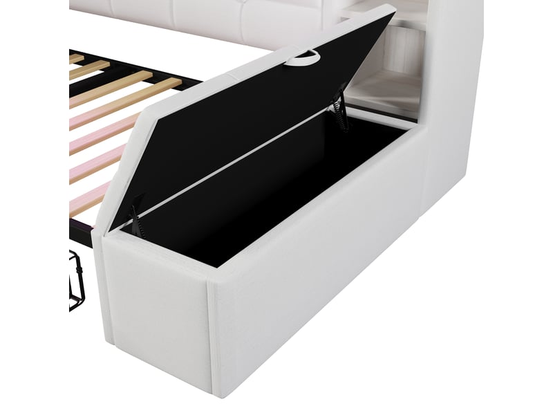 Lit 90x190 cm led, lit simple avec 2 tiroirs et usb type-c, velours blanc, sans matelas - Conforama E