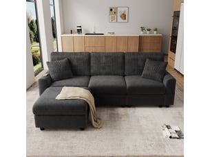 Canapé 4 places gris avec pouf - ports usb et type-c - l223cm - tissu chenille et velours côtelé