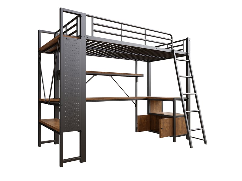 Lit mezzanine 90x200 cm noir avec led, bureau, étagères, panneau perforé et usb - Conforama E